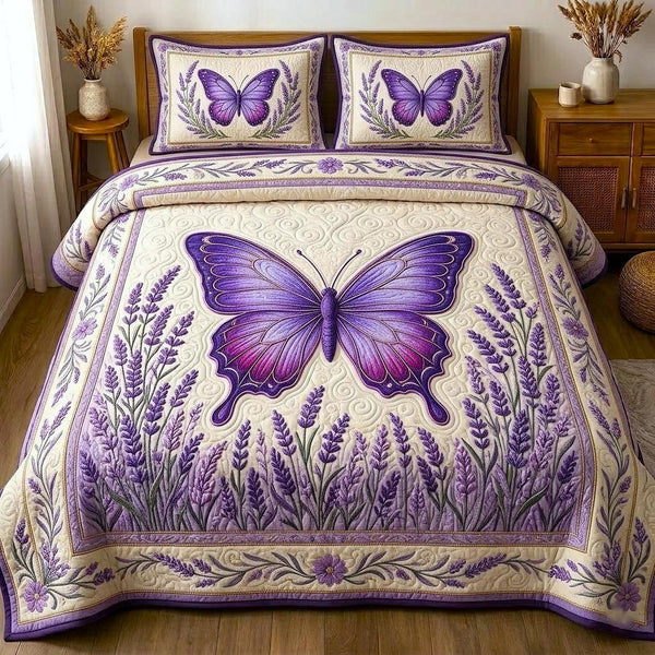Butterfly Dream quilted 3-piece bedding set on a made bed with two matching pillow shams