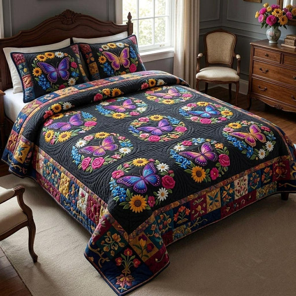 Butterfly Bloom quilted 3-piece bedding set on a made bed with two matching pillow shams