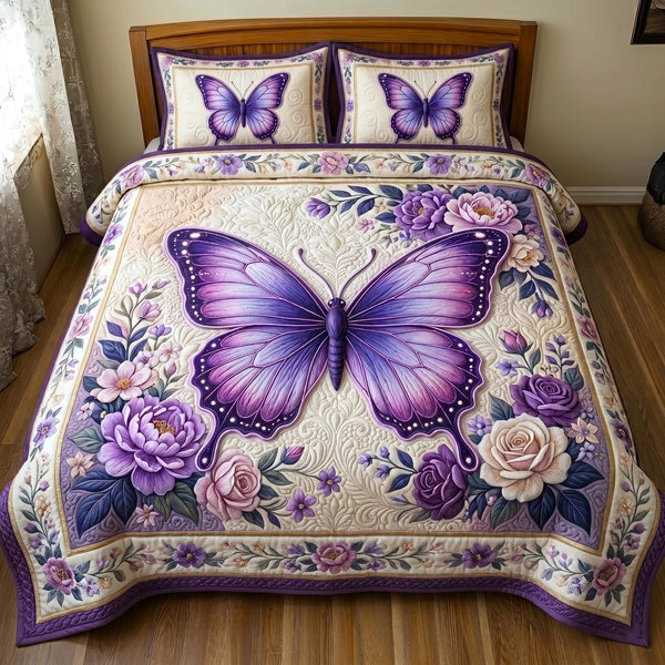 Butterfly Dream quilted 3-piece bedding set on a made bed with two matching pillow shams