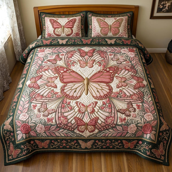 Butterfly Dream quilted 3-piece bedding set on a made bed with two matching pillow shams