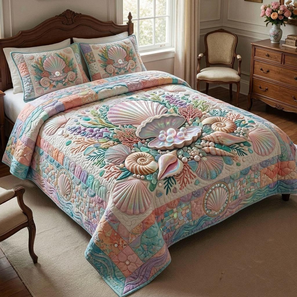 Coastal Shell 3-Piece Quilted Bedding Set - Design 1 — quilt and two matching pillow shams