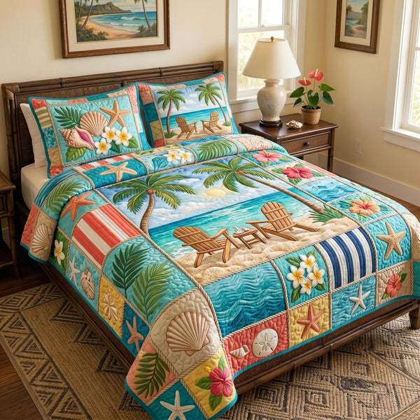 Coastal Shell 3-Piece Quilted Bedding Set - Design 2 — quilt and two matching pillow shams