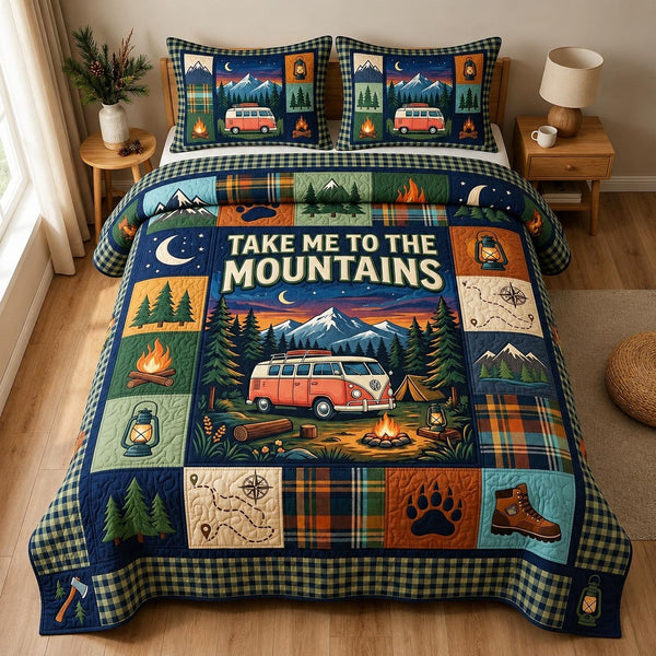 Camp Vibes quilted 3-piece bedding set on a made bed with two matching pillow shams