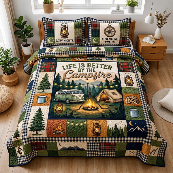 Camp Bliss quilted 3-piece bedding set on a made bed with two matching pillow shams