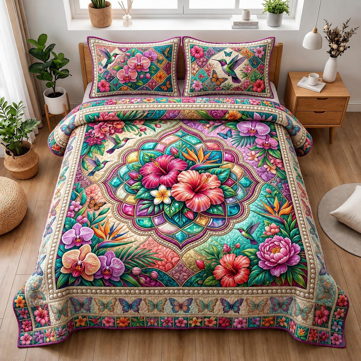 Bloom Haven 3-Piece Quilted Bedding Set - Design 1 — quilt and two matching pillow shams