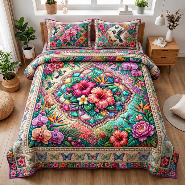 Bloom Haven quilted 3-piece bedding set on a made bed with two matching pillow shams