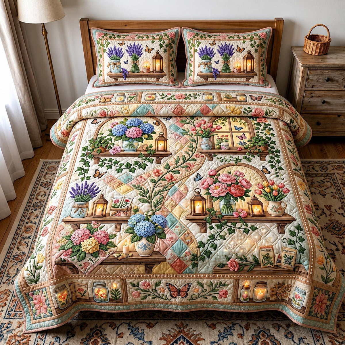 Bloom Garden 3-Piece Quilted Bedding Set - Design 2 — quilt and two matching pillow shams