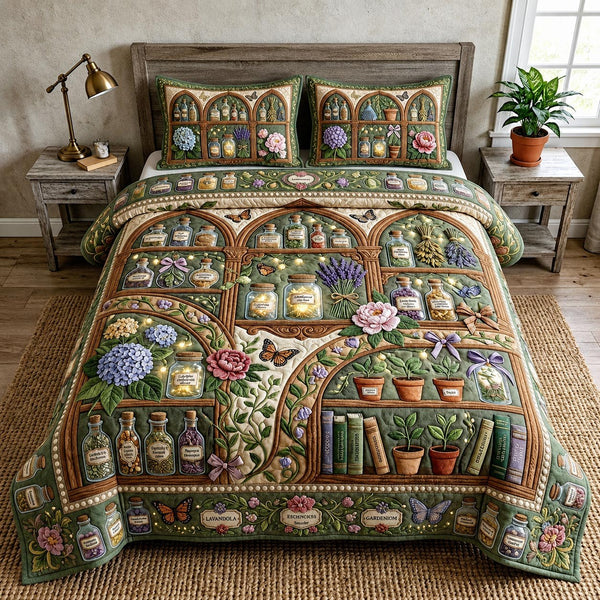 Bloom Haven quilted 3-piece bedding set on a made bed with two matching pillow shams