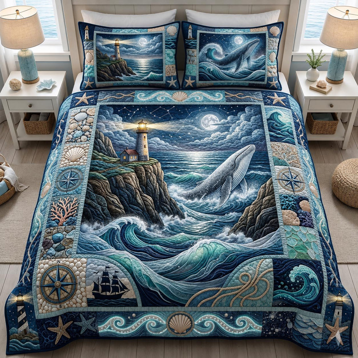 Coastal Tide 3-Piece Quilted Bedding Set - Design 2 — quilt and two matching pillow shams