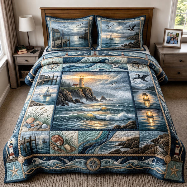 Coastal Anchor quilted 3-piece bedding set on a made bed in a light coastal bedroom