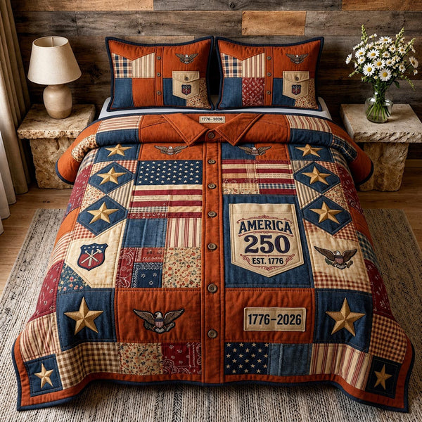 American Glory quilted 3-piece bedding set on a made bed in a warmly lit bedroom