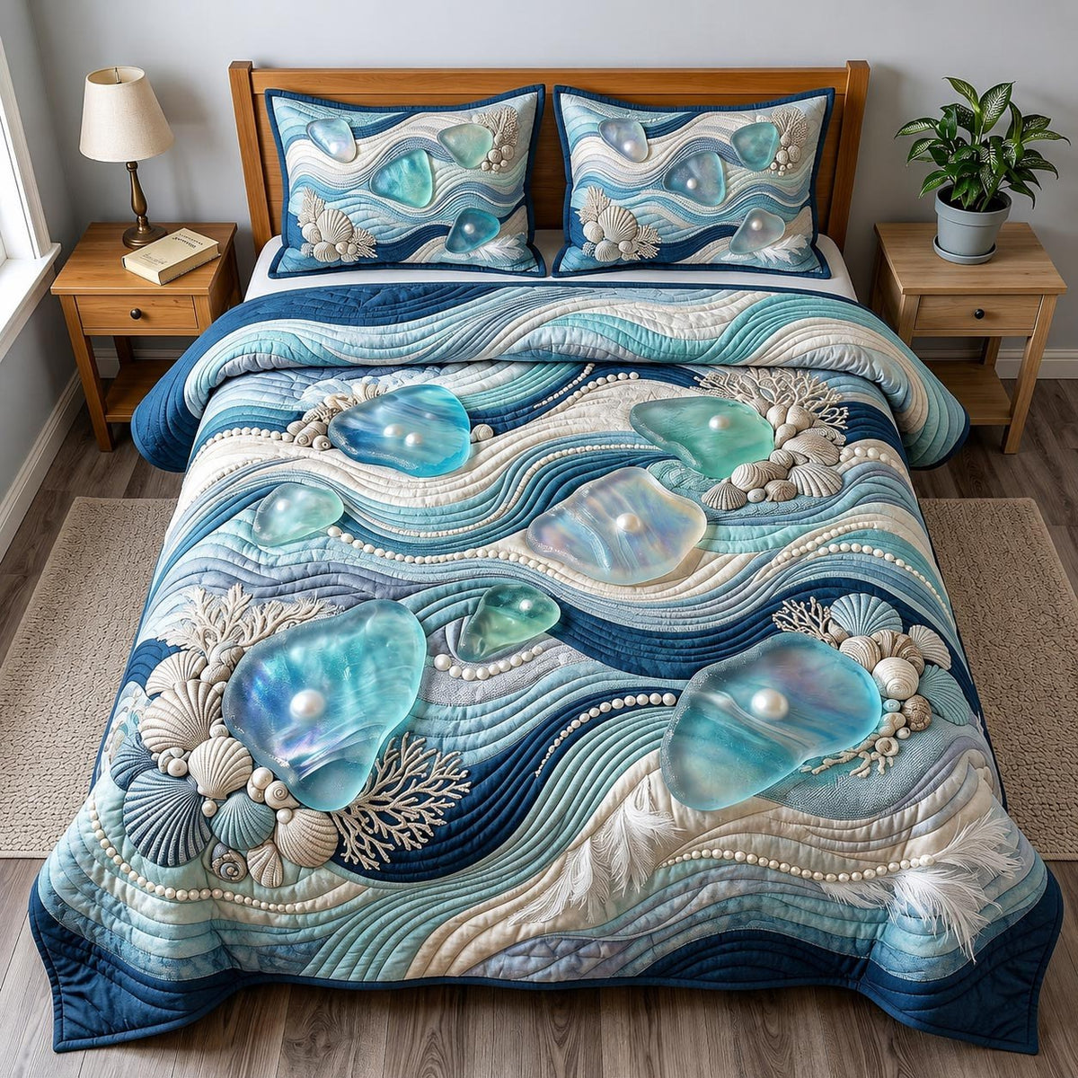 Coastal Serenity 3-Piece Quilted Bedding Set - Design 1 — quilt and two matching pillow shams