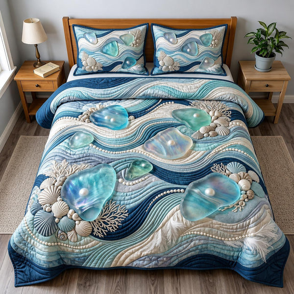 Coastal Serenity 3-Piece Quilted Bedding Set - Design 1 — quilt and two matching pillow shams