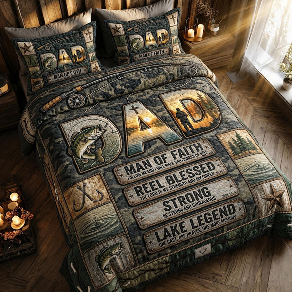Faith Waters quilted 3-piece bedding set on a made bed in a softly lit bedroom