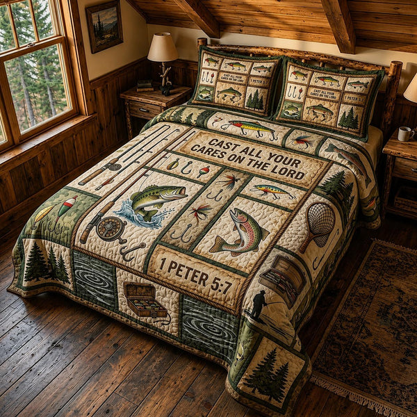 Blessed Fishing quilted 3-piece bedding set on a made bed in a softly lit bedroom