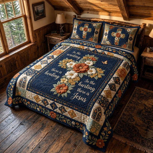 Blessed Blooms quilted 3-piece bedding set on a made bed in a softly lit bedroom