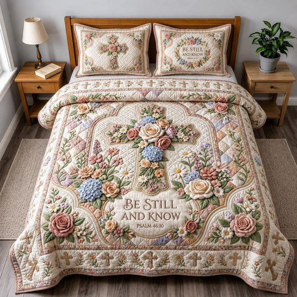 Faith Garden quilted 3-piece bedding set on a made bed in a softly lit bedroom