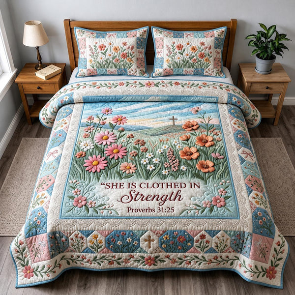 Blooming Faith quilted 3-piece bedding set on a made bed in a softly lit bedroom