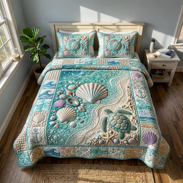 Coastal Whisper 3-Piece Quilted Bedding Set - Design 4 — quilt and two matching pillow shams