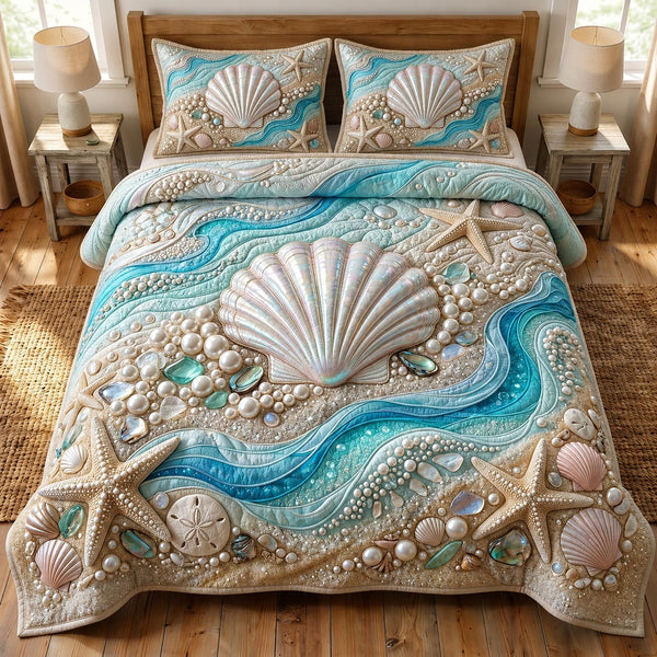 Coastal Serenity quilted 3-piece bedding set on a made bed in a light coastal bedroom