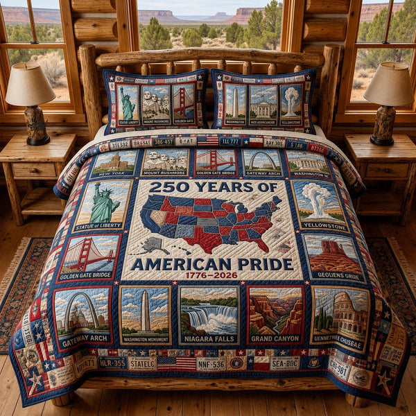 America 250 quilted 3-piece bedding set on a made bed in a warmly lit bedroom