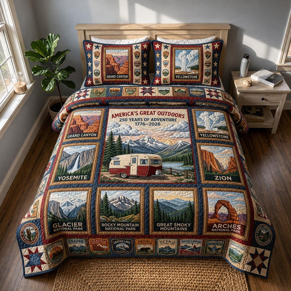 America 250 quilted 3-piece bedding set on a made bed in a warmly lit bedroom