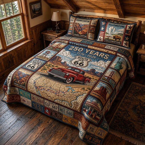 America 250 quilted 3-piece bedding set on a made bed in a warmly lit bedroom