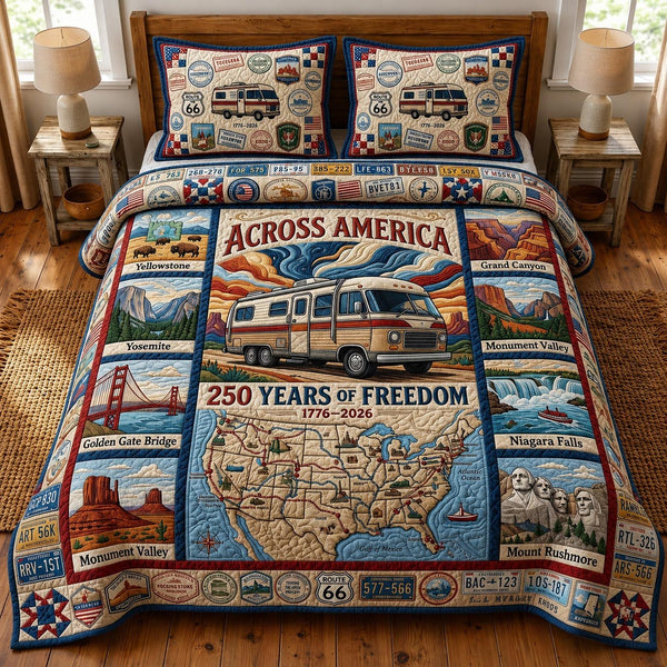 American Highway quilted 3-piece bedding set on a made bed in a warmly lit bedroom