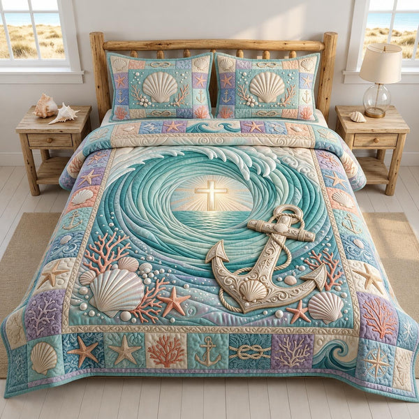 Coastal Whisper 3-Piece Quilted Bedding Set - Design 5 — quilt and two matching pillow shams