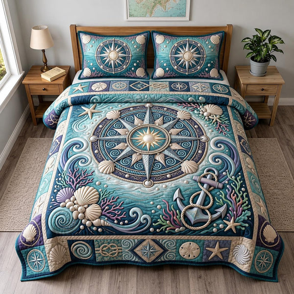 Coastal Serenity 3-Piece Quilted Bedding Set - Design 3 — quilt and two matching pillow shams