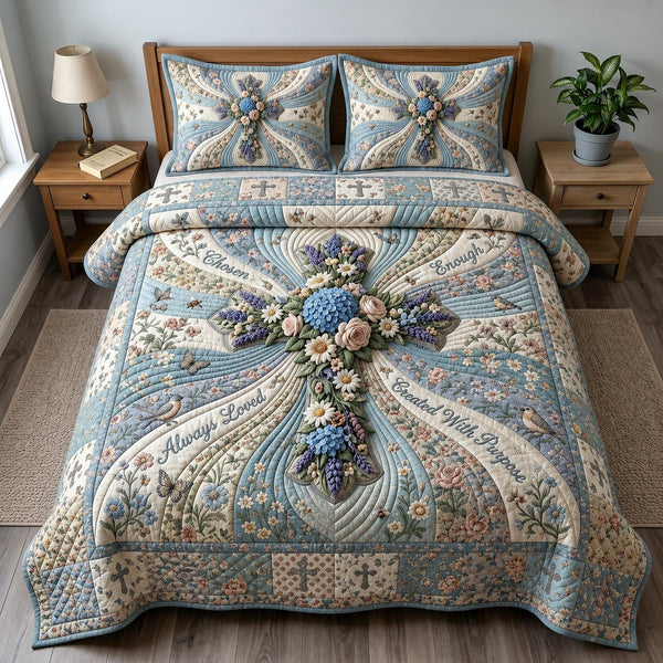 Floral Bible quilted 3-piece bedding set on a made bed in a softly lit bedroom
