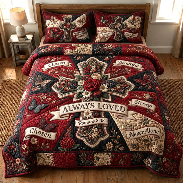 Bible Bloom quilted 3-piece bedding set on a made bed in a softly lit bedroom
