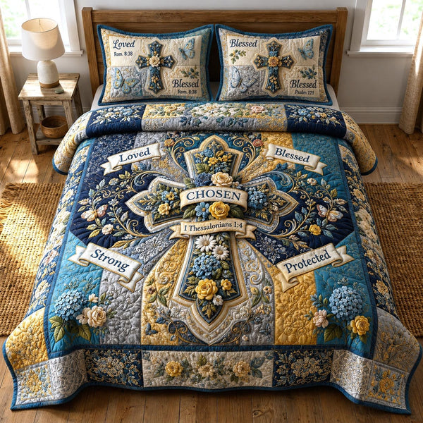 Bible Garden quilted 3-piece bedding set on a made bed in a softly lit bedroom