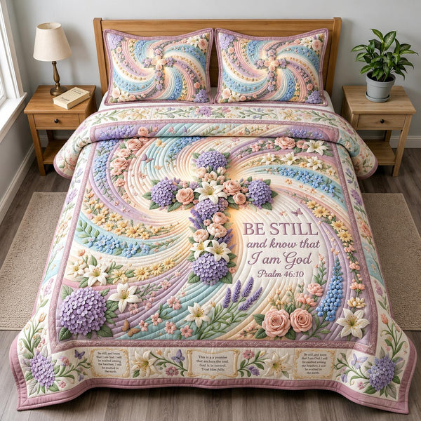 Bible Blossoms quilted 3-piece bedding set on a made bed in a softly lit bedroom