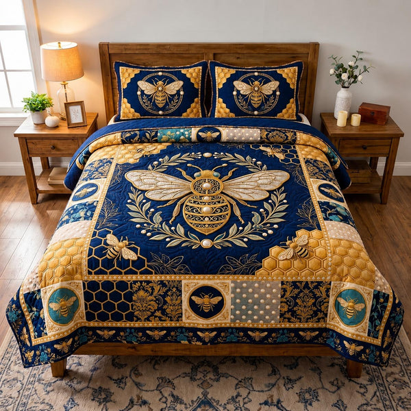 Busy Bee quilted 3-piece bedding set on a made bed with two matching pillow shams