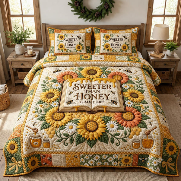 Bee Bliss quilted 3-piece bedding set on a made bed with two matching pillow shams