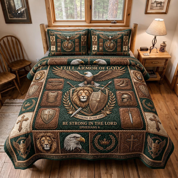 Faith Armor quilted 3-piece bedding set on a made bed in a softly lit bedroom