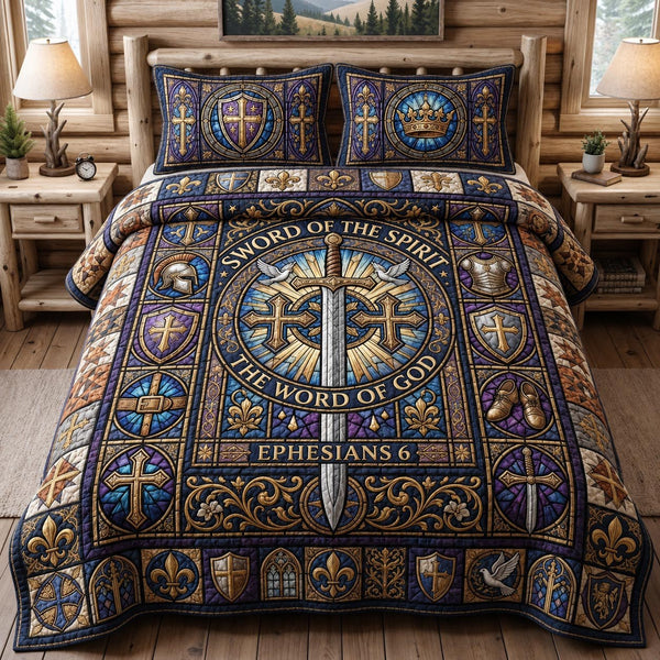 Faith Warrior quilted 3-piece bedding set on a made bed in a softly lit bedroom