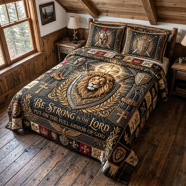 Divine Armor quilted 3-piece bedding set on a made bed in a softly lit bedroom