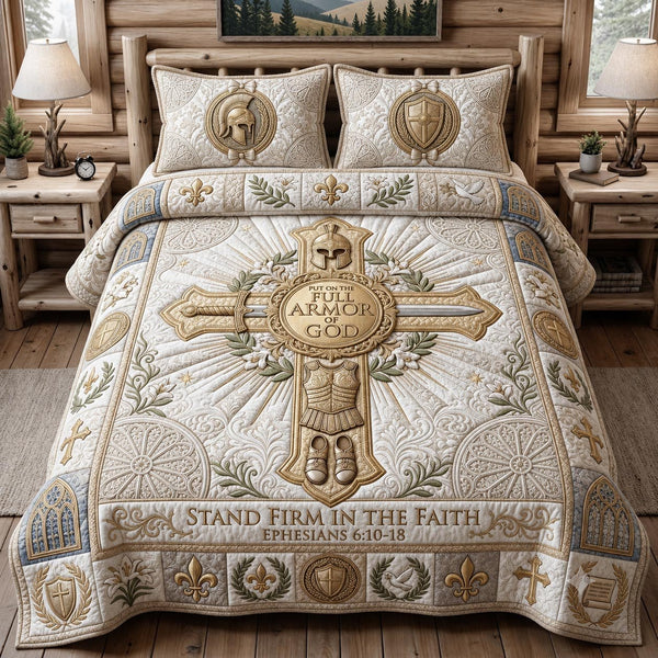 Armor Strength quilted 3-piece bedding set on a made bed with two matching pillow shams