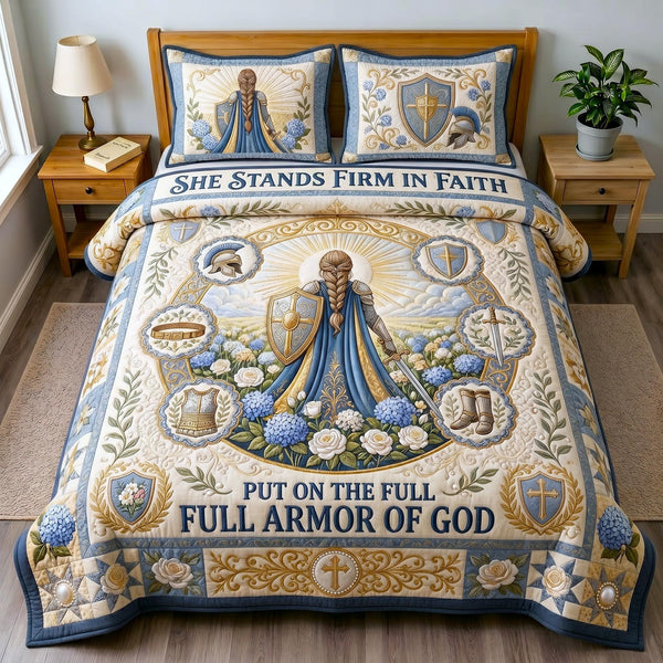 Armor Of God quilted 3-piece bedding set on a made bed in a softly lit bedroom