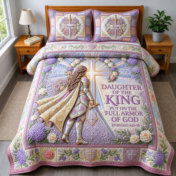 Faith Armor quilted 3-piece bedding set on a made bed in a softly lit bedroom