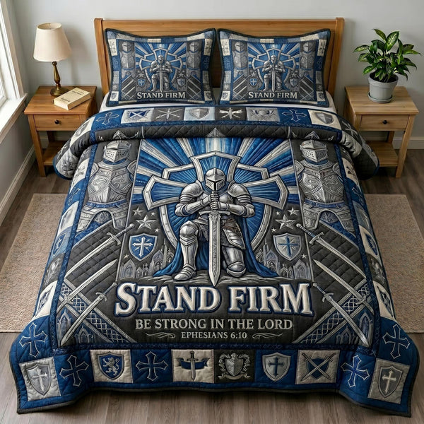 Divine Armor quilted 3-piece bedding set on a made bed in a softly lit bedroom