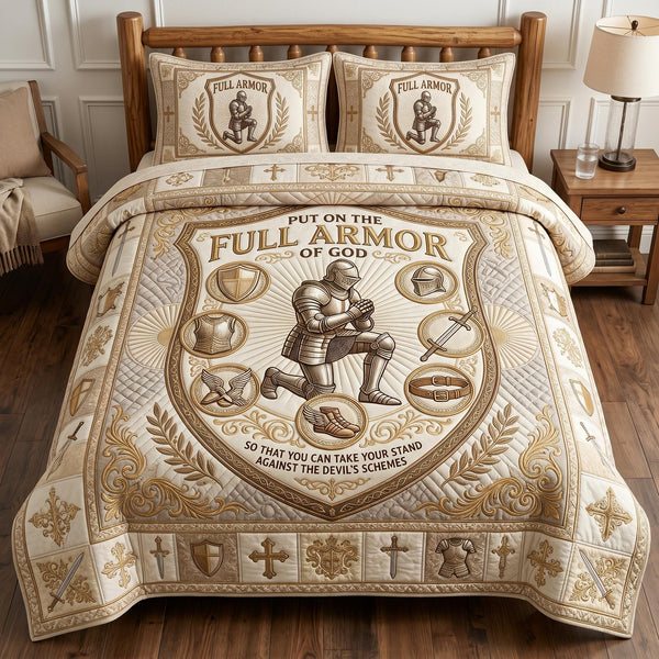 Armor Of God quilted 3-piece bedding set on a made bed in a softly lit bedroom