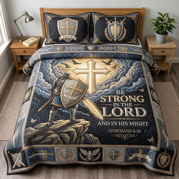 Faith Armor quilted 3-piece bedding set on a made bed in a softly lit bedroom