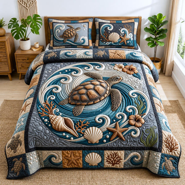 Ancient Turtle quilted 3-piece bedding set on a made bed in a light coastal bedroom