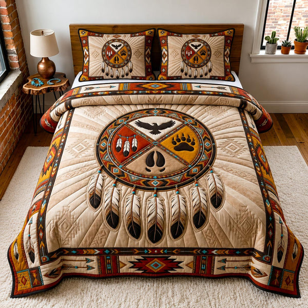 Dreamcatcher Soul quilted 3-piece bedding set on a made bed with two matching pillow shams