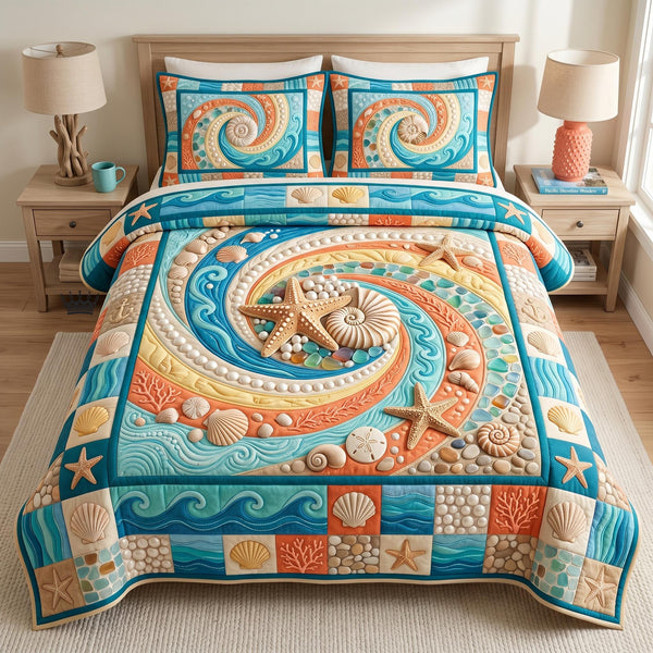 Coastal Whisper 3-Piece Quilted Bedding Set - Design 6 — quilt and two matching pillow shams