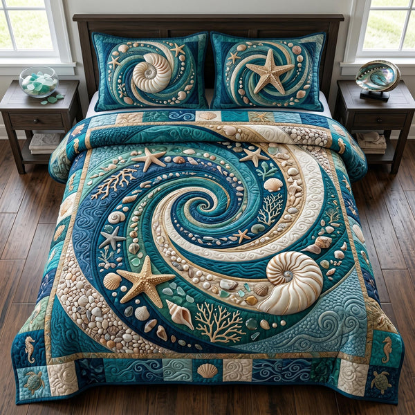 Coastal Serenity 3-Piece Quilted Bedding Set - Design 4 — quilt and two matching pillow shams