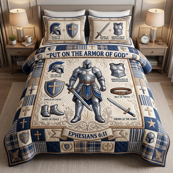 Armor Of God quilted 3-piece bedding set on a made bed in a softly lit bedroom